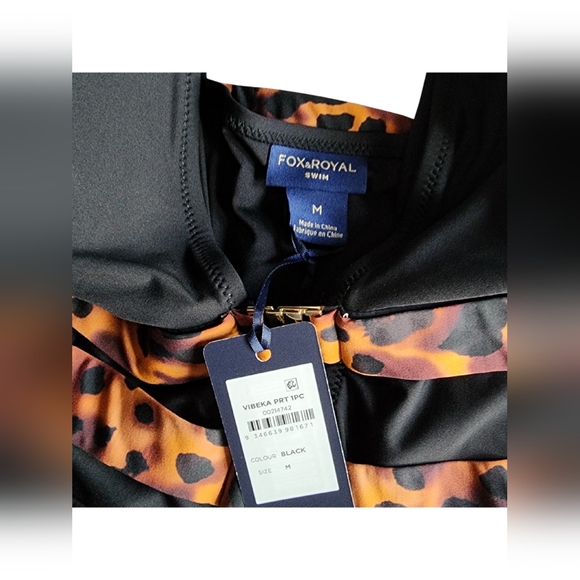 NWT Fox & Royal "Vibeka" 1-Piece Swimsuit - Black Leopard & Gold Accents Side: M - Picture 2 of 7